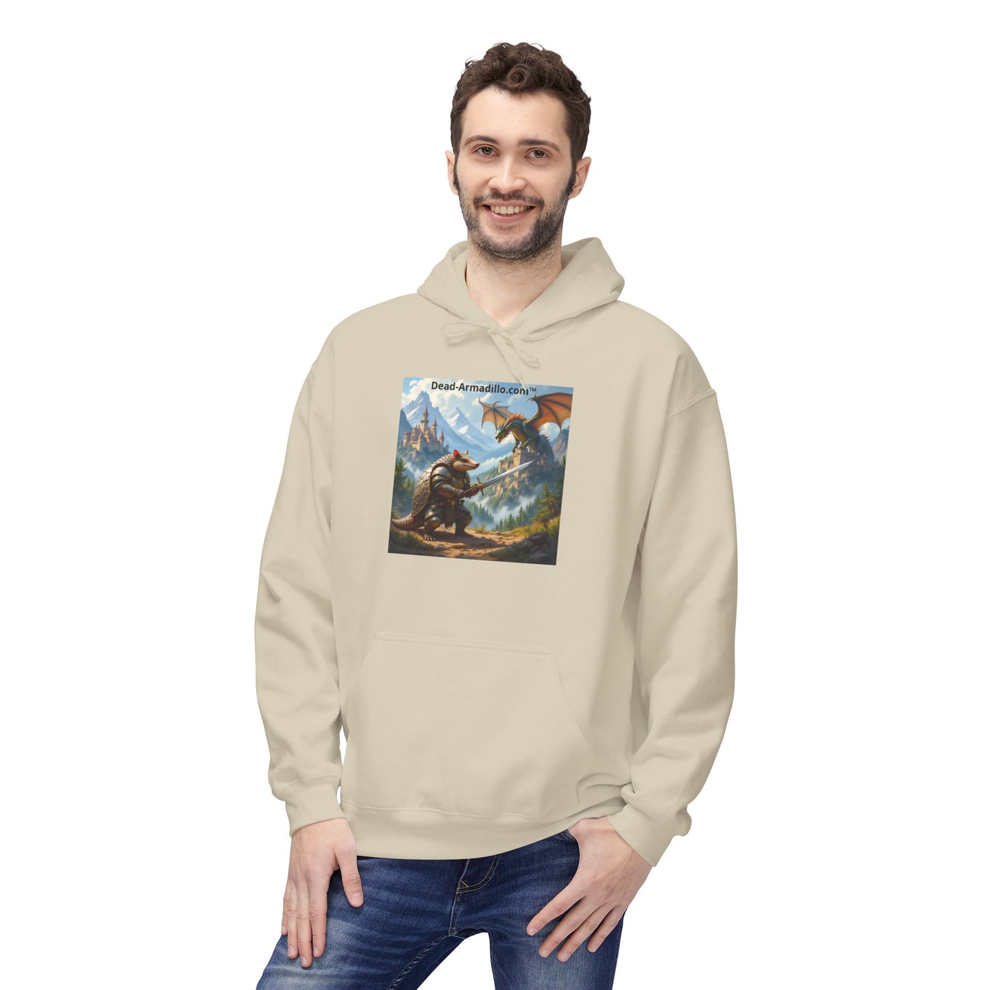 Arlo the Armadillo | Gamer Hoodie | Fantasy Mountain Scene | with Dragon and Castles
