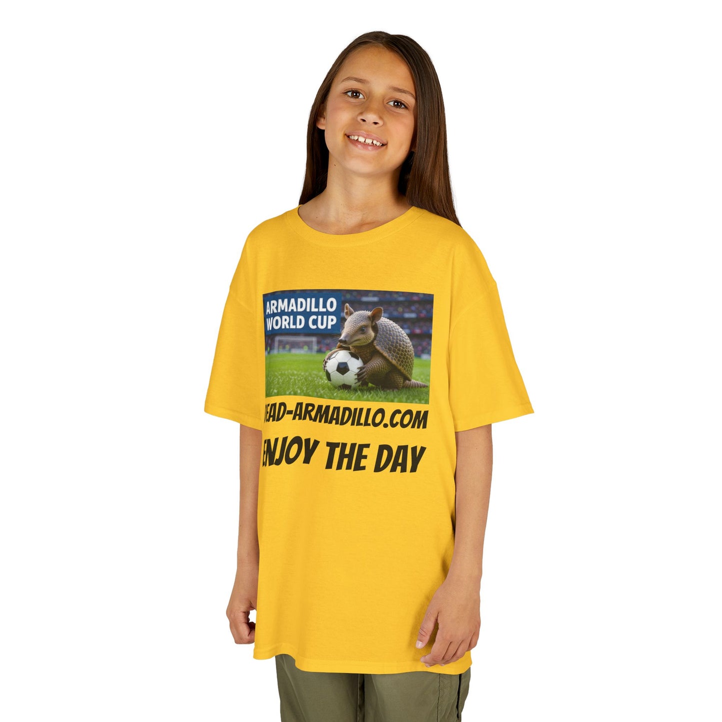 Kids Soccer Tee - Armadillo Soccer Player | World Cup Soccer Shirt | Enjoy the Day | Dark font