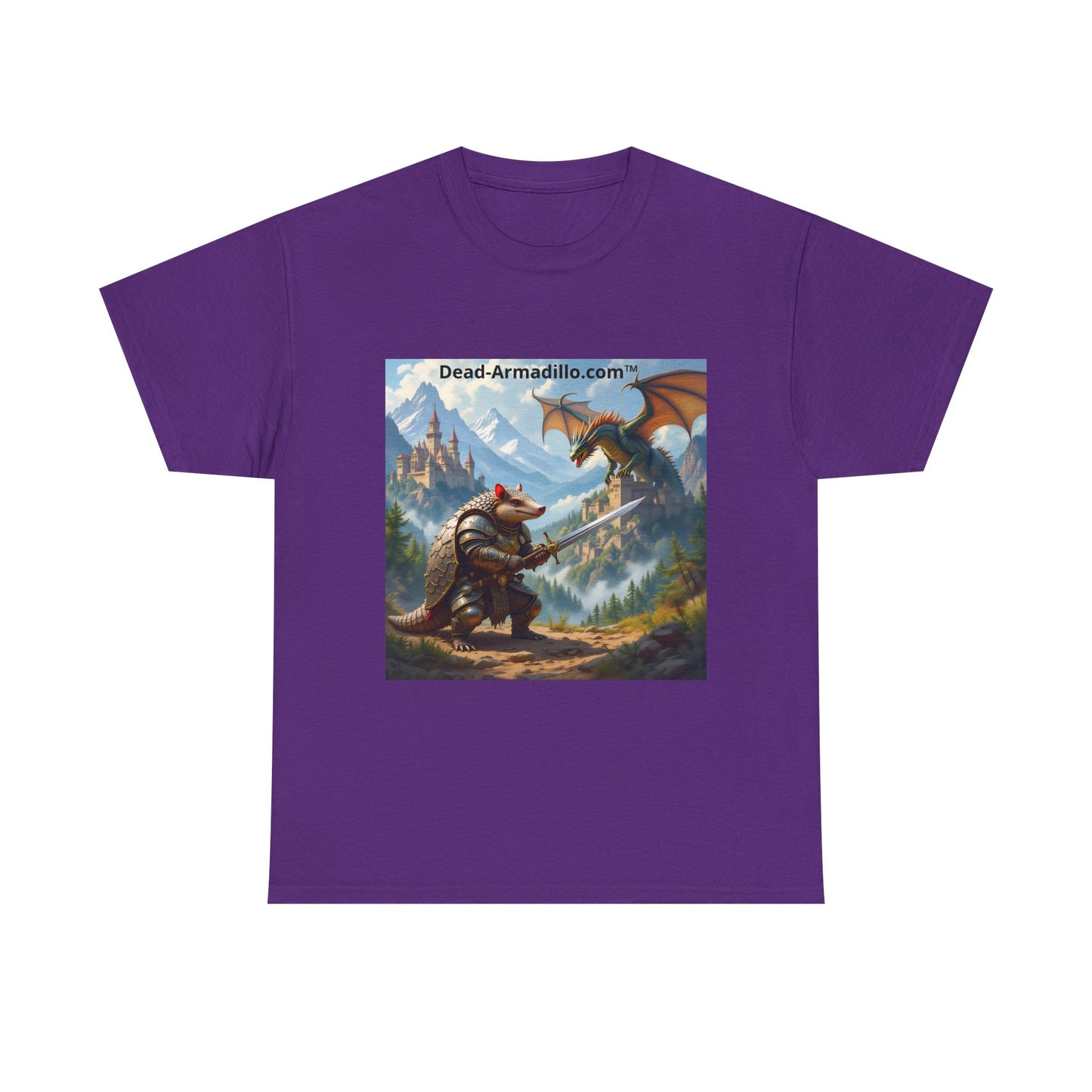 Fantasy Battle T-Shirt — Armadillo vs Dragon Illustration