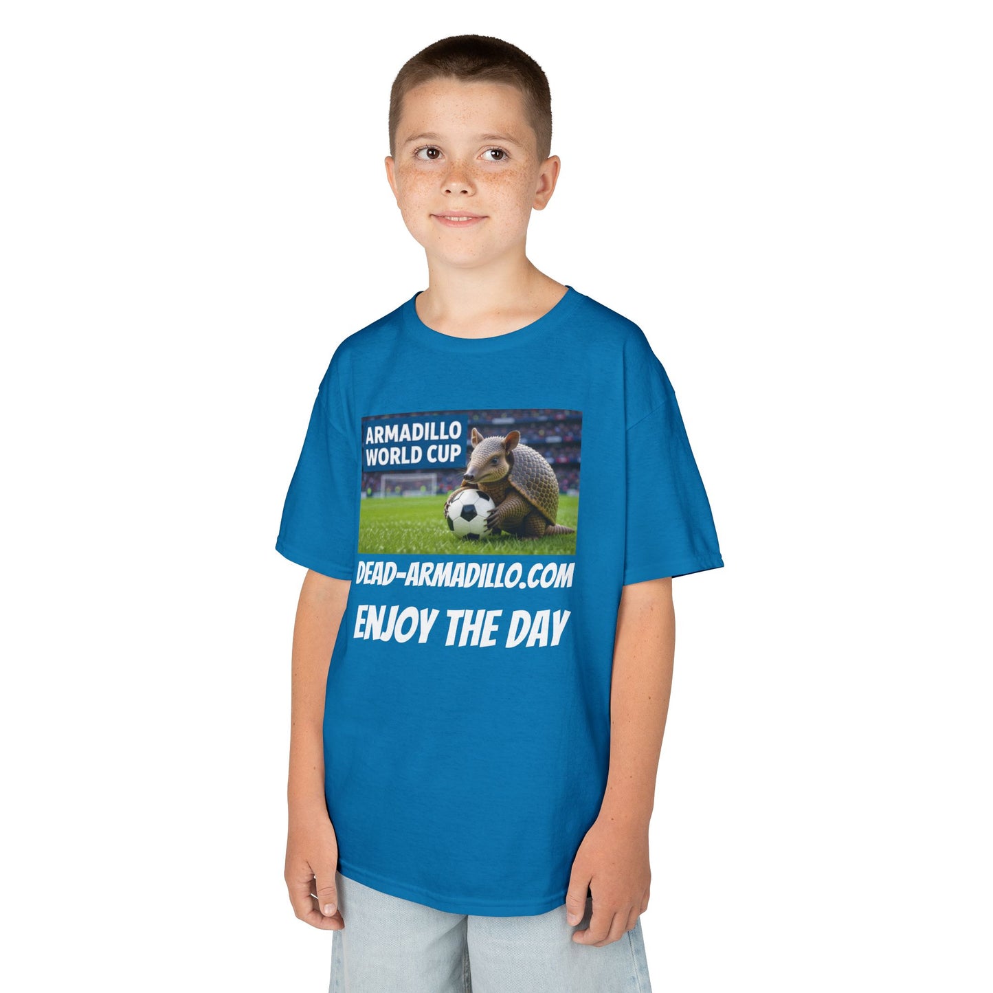 Kids Soccer Tee - Armadillo Soccer Player | World Cup Soccer Shirt | Enjoy the Day | White Font Choice