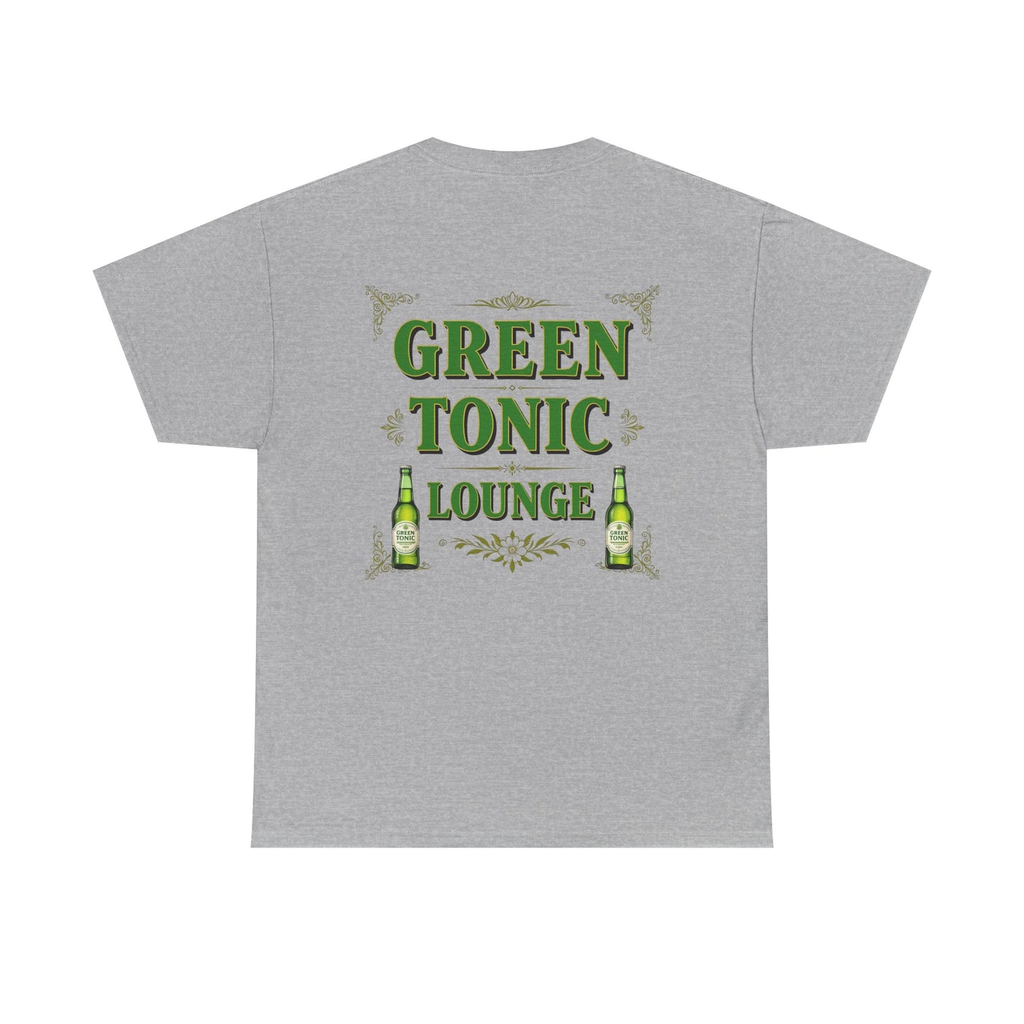Green Tonic Lounge Tee | Bottles & Logo | Back of Shirt Graphic Design