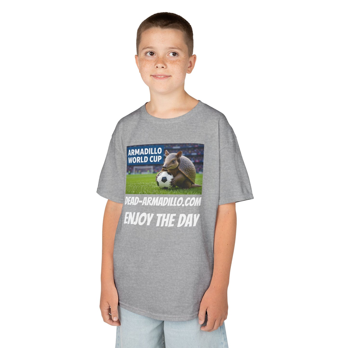Kids Soccer Tee - Armadillo Soccer Player | World Cup Soccer Shirt | Enjoy the Day | White Font Choice