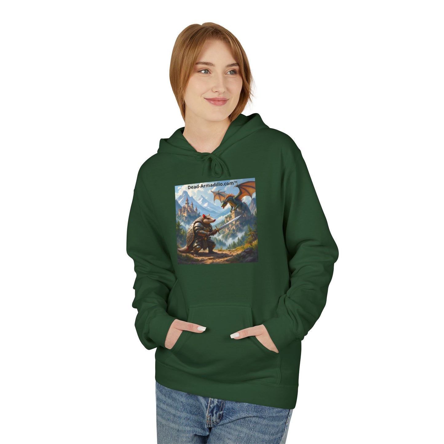 Arlo the Armadillo | Gamer Hoodie | Fantasy Mountain Scene | with Dragon and Castles
