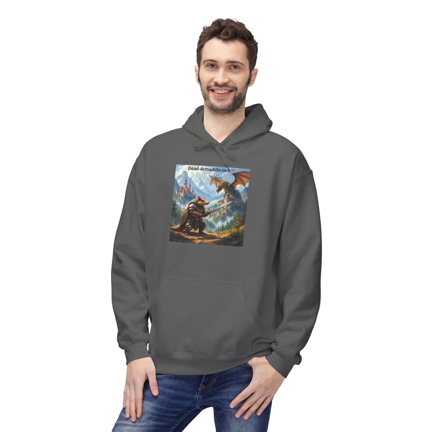Arlo the Armadillo | Gamer Hoodie | Fantasy Mountain Scene | with Dragon and Castles