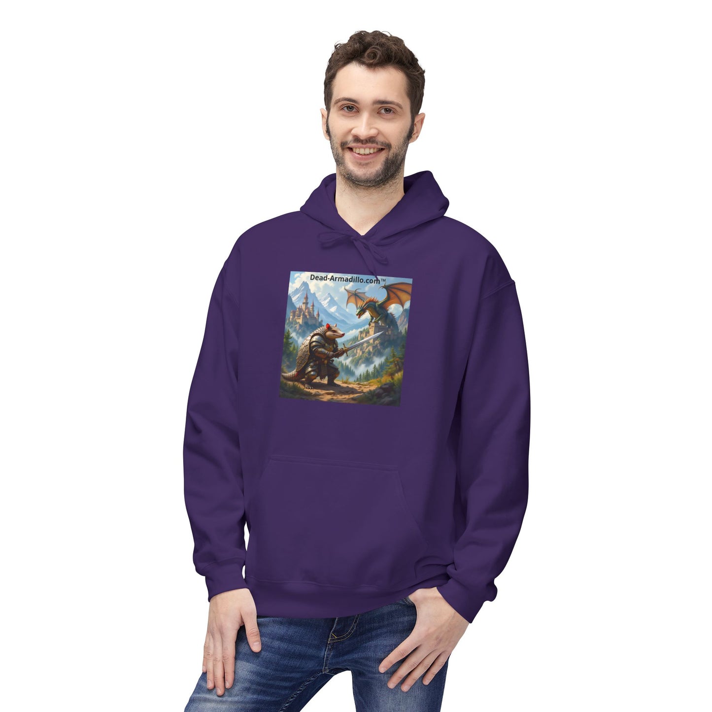 Arlo the Armadillo | Gamer Hoodie | Fantasy Mountain Scene | with Dragon and Castles