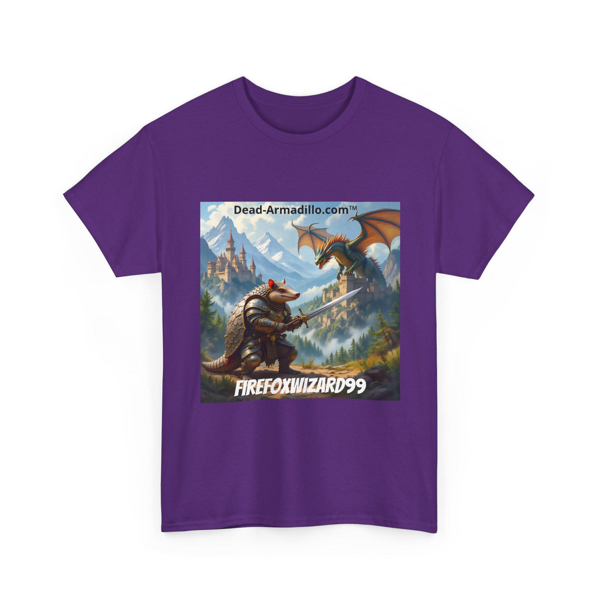 Arlo the Armadillo | Gamer Tee | Fantasy Mountain Scene | with Dragon and Castles
