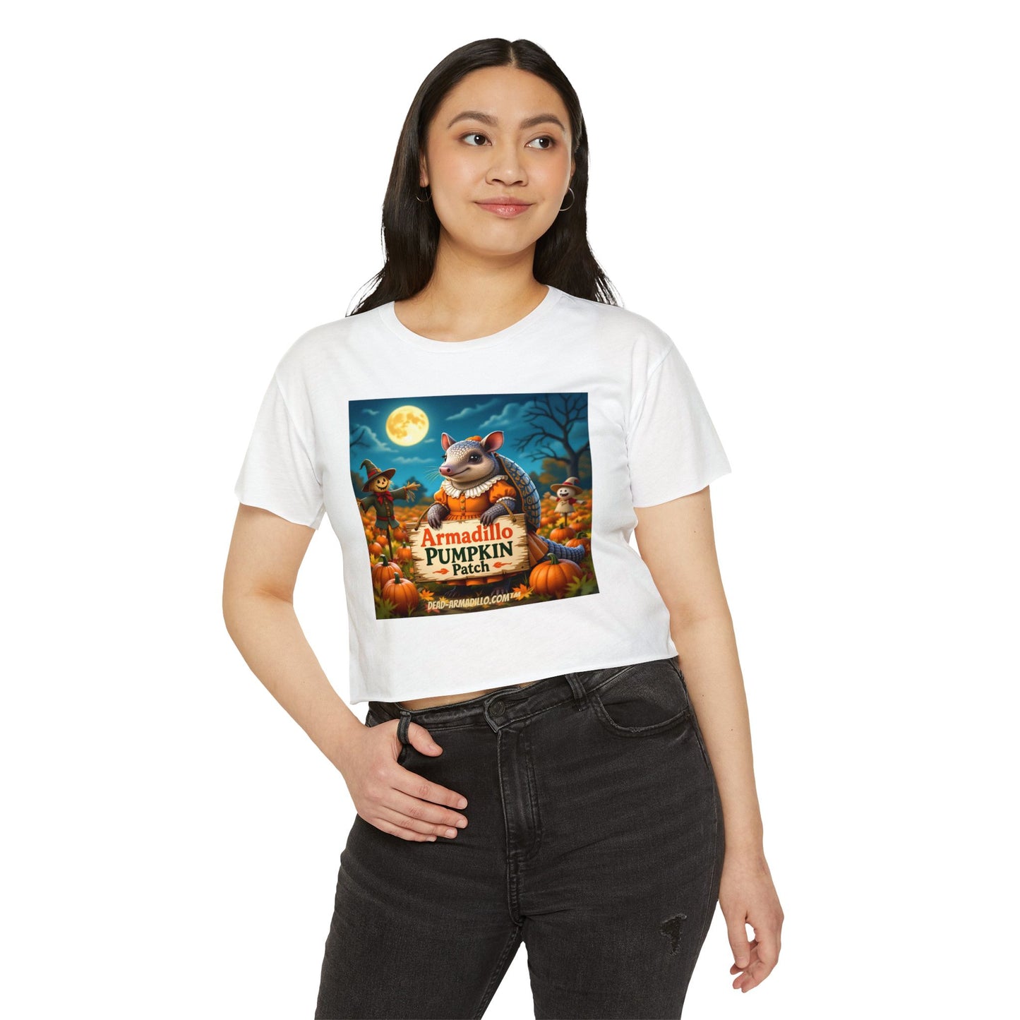 Armadillo Pumpkin Patch Crop Top — Women’s Halloween Festival Tee