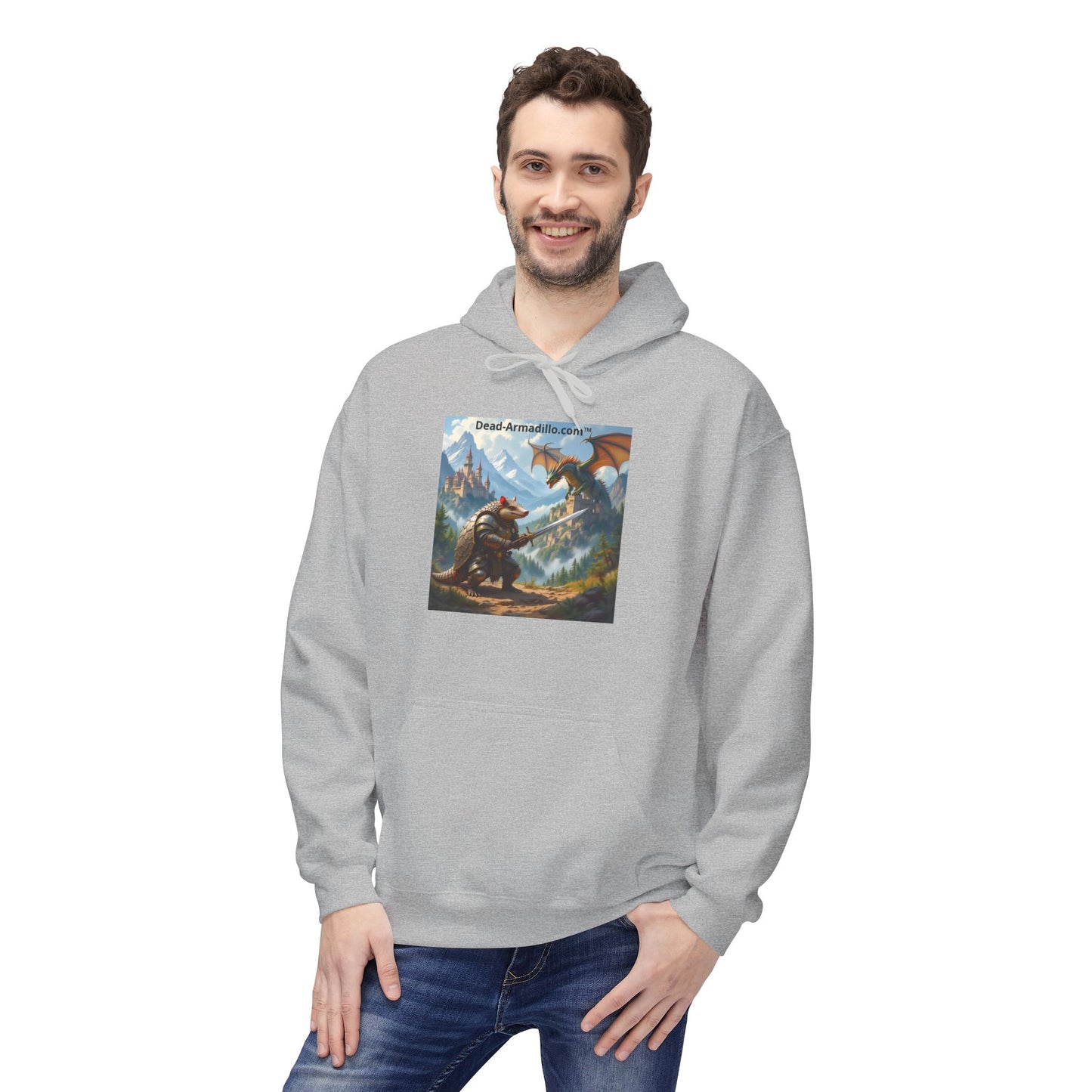 Arlo the Armadillo | Gamer Hoodie | Fantasy Mountain Scene | with Dragon and Castles