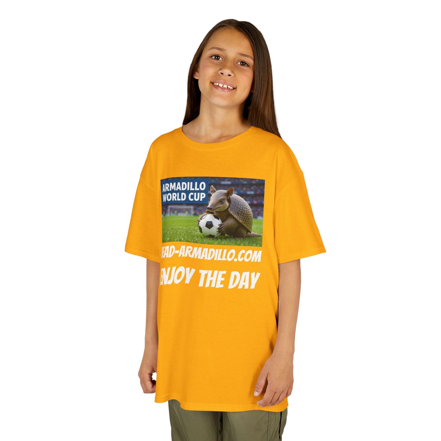 Kids Soccer Tee - Armadillo Soccer Player | World Cup Soccer Shirt | Enjoy the Day | White Font Choice