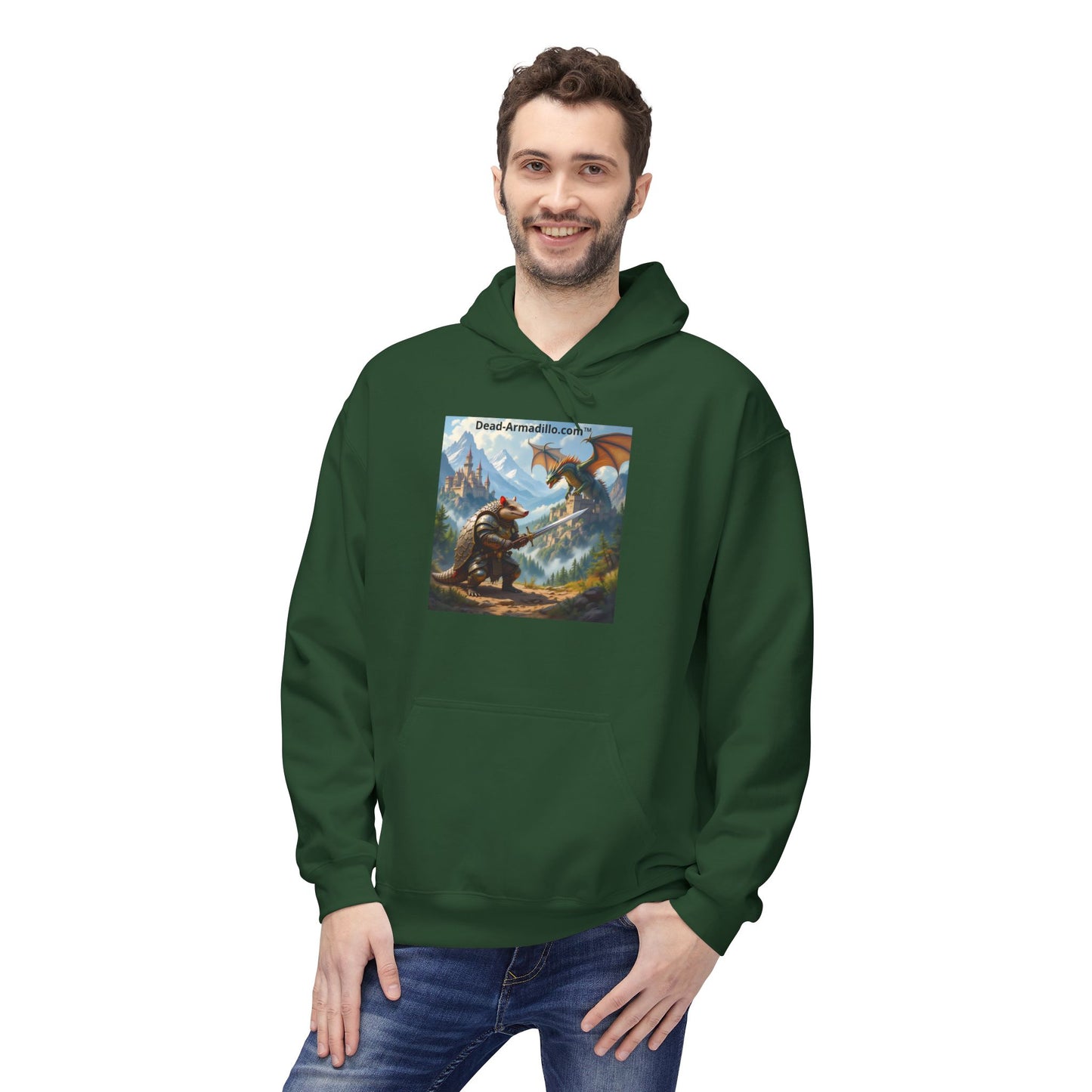 Arlo the Armadillo | Gamer Hoodie | Fantasy Mountain Scene | with Dragon and Castles