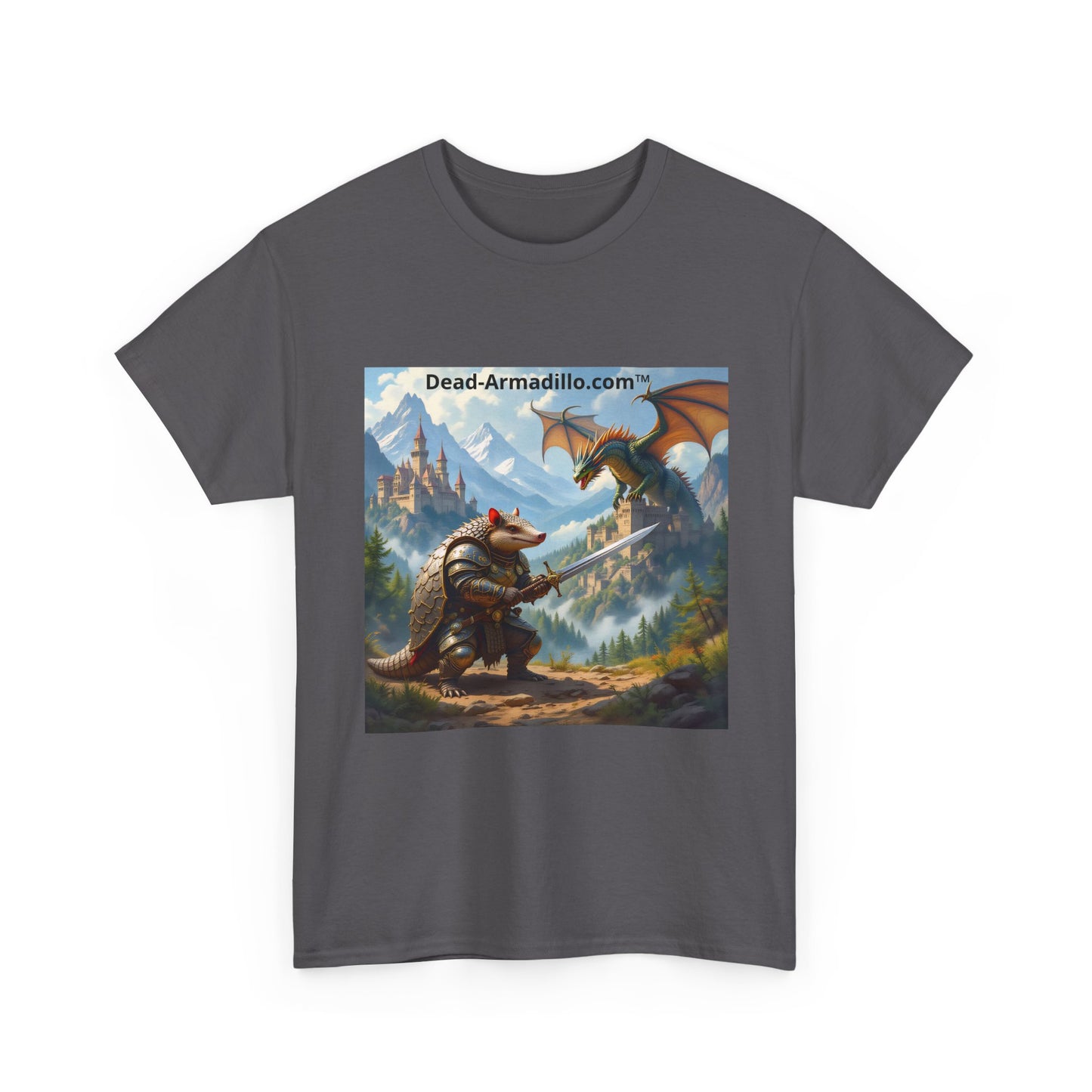 Fantasy Battle T-Shirt — Armadillo vs Dragon Illustration