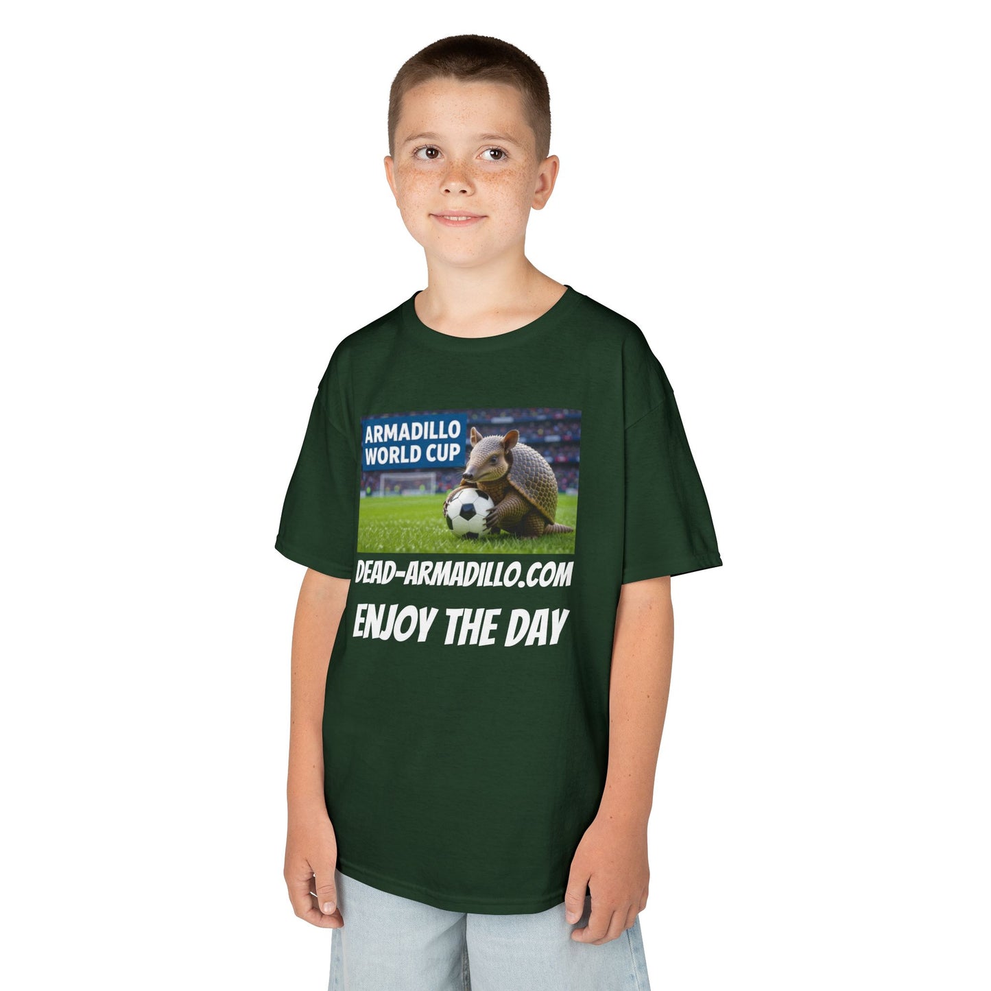 Kids Soccer Tee - Armadillo Soccer Player | World Cup Soccer Shirt | Enjoy the Day | White Font Choice
