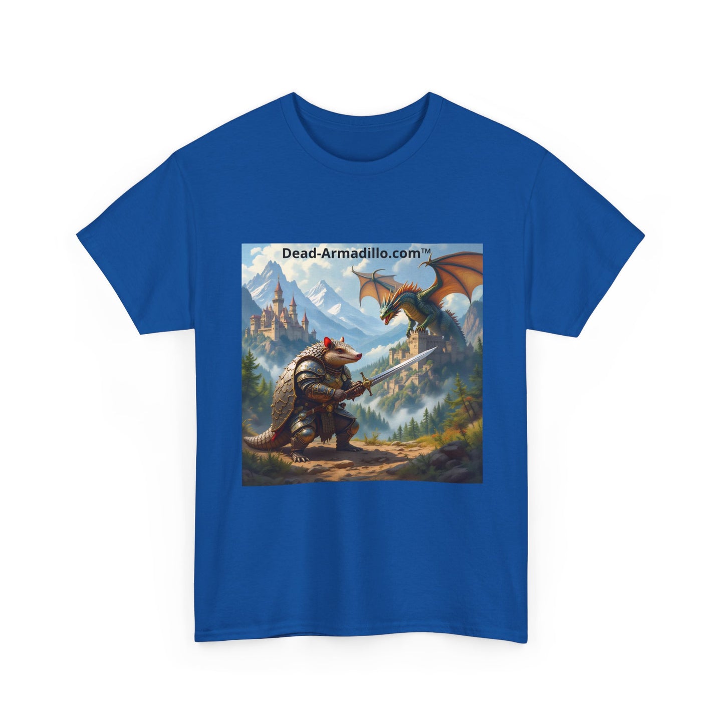 Fantasy Battle T-Shirt — Armadillo vs Dragon Illustration