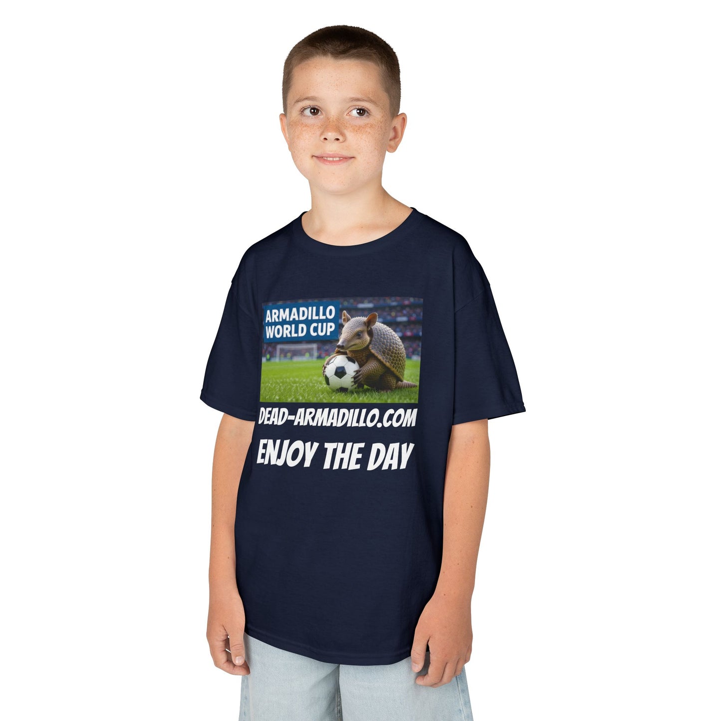 Kids Soccer Tee - Armadillo Soccer Player | World Cup Soccer Shirt | Enjoy the Day | White Font Choice